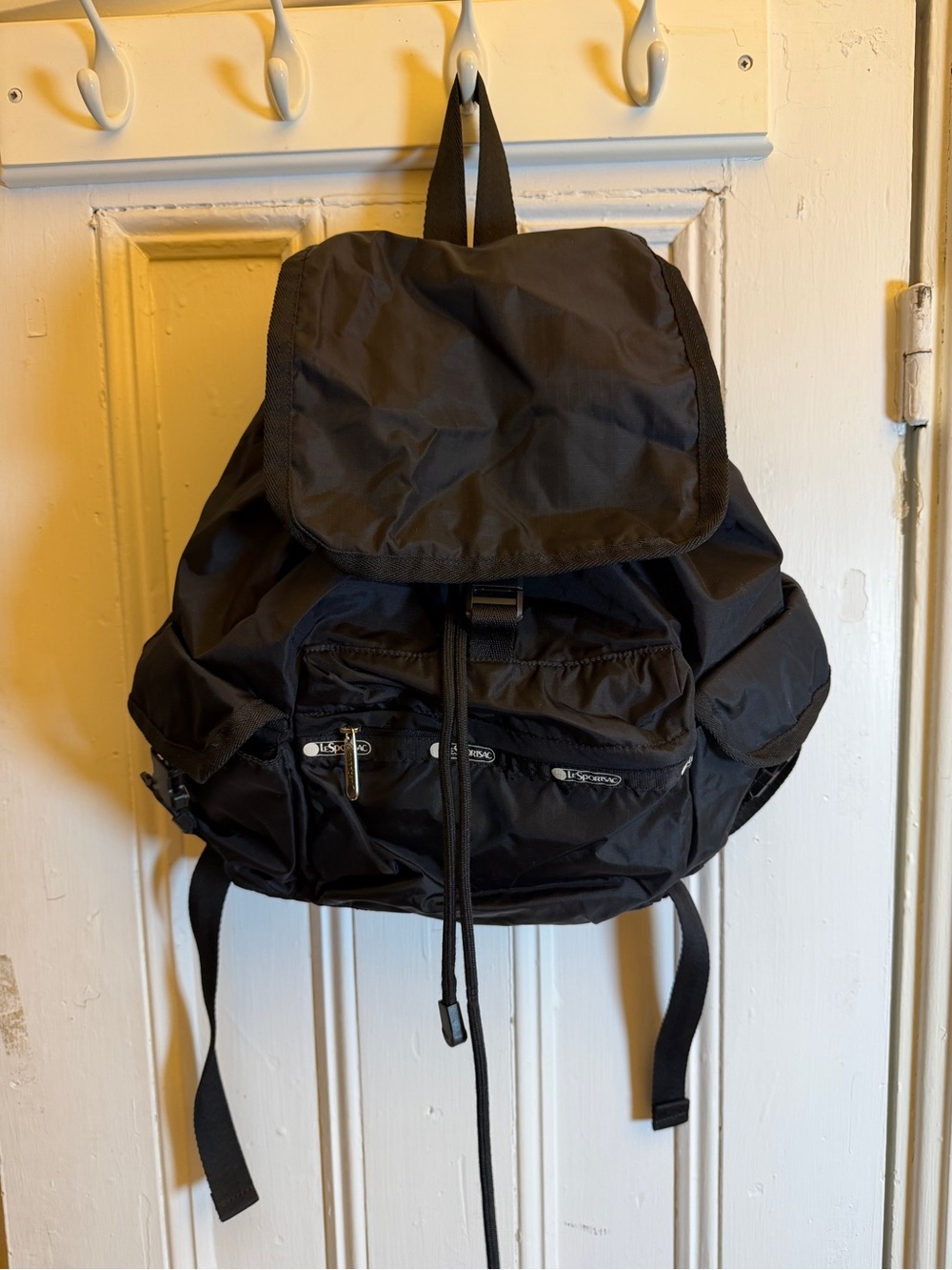 LeSportsac Black Nylon Backpack Drawstring Flap Multi Pocket Travel Rucksack